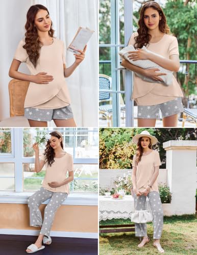 Ekouaer 3 PCS Maternity Nursing Pajamas Set Postpartum Breastfeeding PJS - color: Champagne Print, size: XX-Large