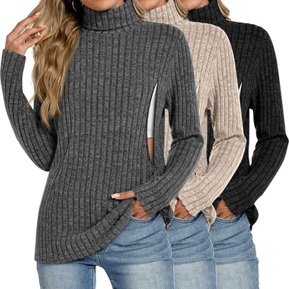 3 Pack Womens Turtleneck Nursing Tops Ribbed Sweaters - color: Dark Gray, Apricot, Black, size: Large