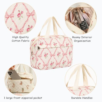uekeboag Large Size Quilted Makeup Bag with Top Handle(03Pink Bow) - color: 03Pink Bows