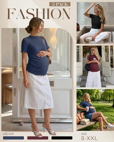 3 Pack Women's Ribbed Maternity Tops - color: Dark Blue, Wine Red, Black, size: Small
