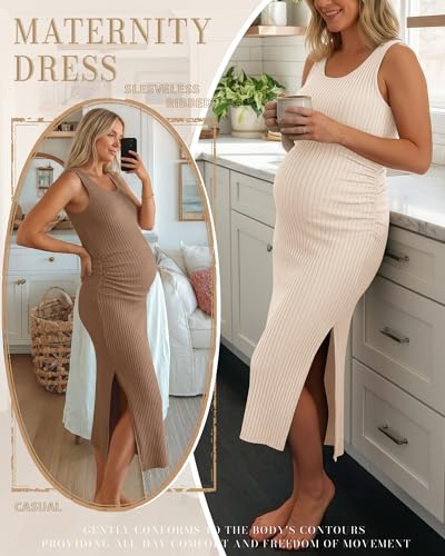 2 Pack Womens Split Long Maternity Dress - color: Cream, Khaki, size: XX-Large