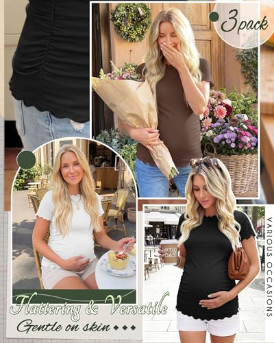 Xaatren 3 Pack Women's Maternity Short Sleeve Shirts - color: Brown, White, Black, size: Medium