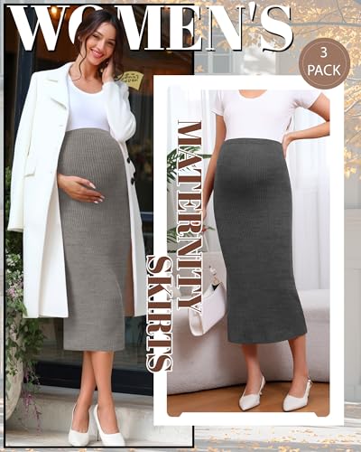 Neer 3 Pack Women's Ribbed Knit Maternity Skirts - color: Light Coffee, Gray, Dark Gray, size: Medium