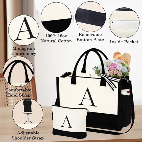 YOOLIFE Personalized Gifts for Women Initial Canvas Tote Bag Makeup Bag - color: A