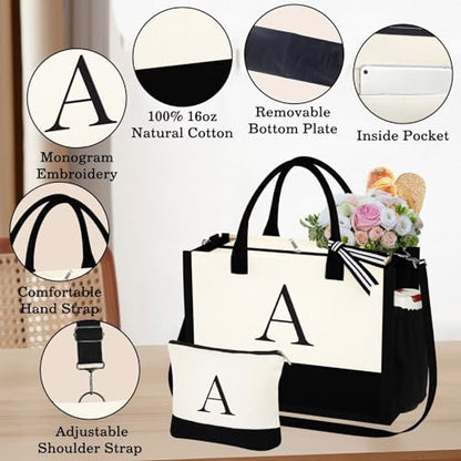 YOOLIFE Personalized Gifts for Women Initial Canvas Tote Bag Makeup Bag - color: T