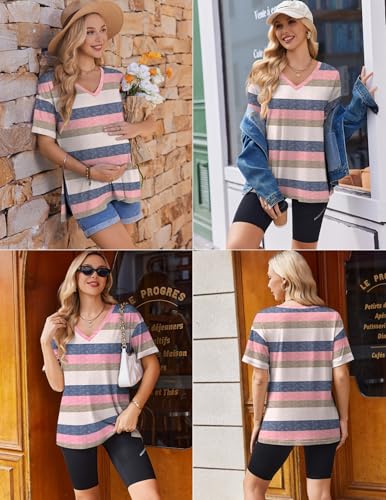 Ekouaer Maternity Shirts 3 Pack Oversized Pregnancy Tops Summer Clothes - color: 3 Pcs Black/ White/ Pink Stripe, size: Medium