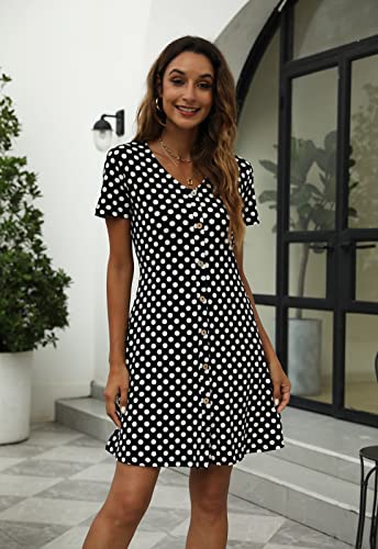 Manydress Women's Button Down Summer Dress Short Sleeve with Pockets - color: Black Dot, size: Small