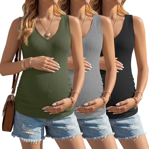 3 Pack Women's Maternity Tank Tops - color: Army Green, Light Heather Gray, Black, size: Small