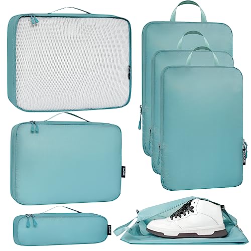 Bagail Ultralight Compression Cubes 7 Set - 3 Packing Cubes, 3 Organizers, and 1 Shoe Bag - color: The Dusty Blue, style: Cloth Pattern