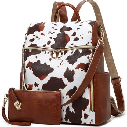 Makes Backpack Purse for Women PU Leather Casual Backpack Daily Travel Bag - color: Cow Brown Pattern