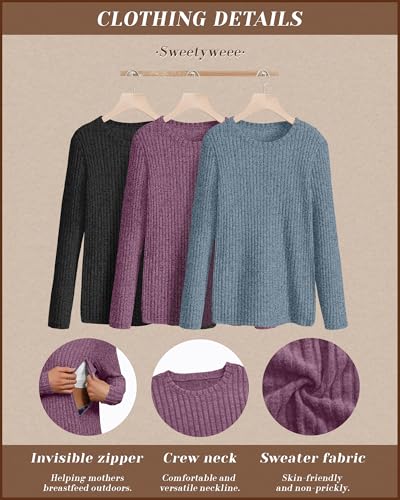 3 Pack Maternity Nursing Ribbed Long Sleeve Tops - color: Black, Blue, Fuchsia, size: X-Large