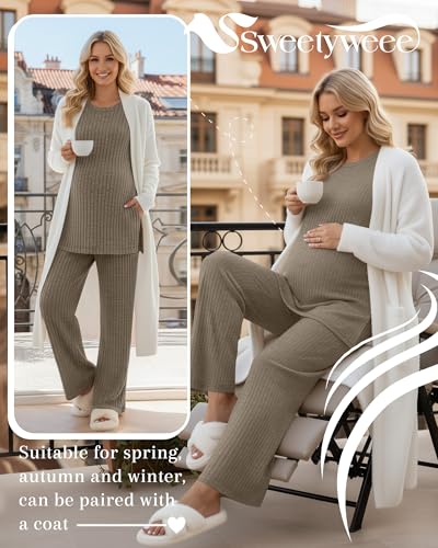 Women's 2 Piece Maternity Ribbed Pajama Outfit - color: Coffee, size: Small