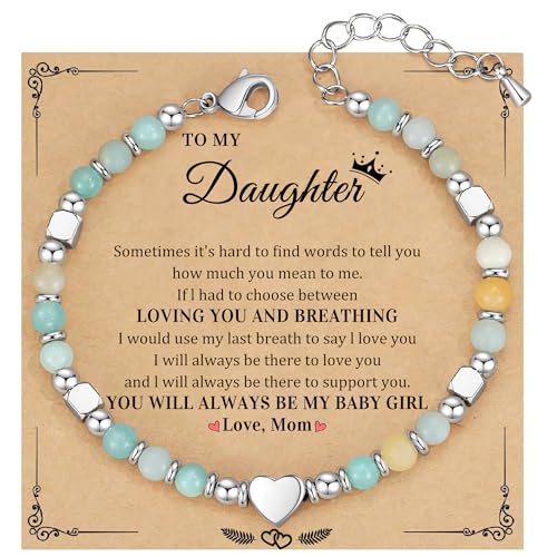 Christmas Gift for Women, Beaded Bracelets for Women Teen Girl Gifts Stocking Stuffers for Her Adjustable Nature Stone Bead Bracelet with Heart Birthday Jewelry Grandma Daughter Granddaughter Mom - color: Amazonite- Dautghter2