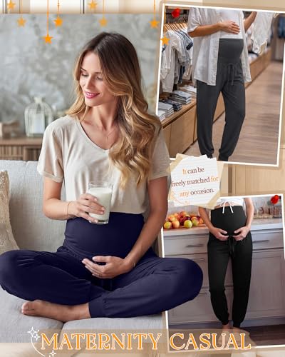 3 Pack Womens Maternity Pants Loose Pregnancy Joggers - color: Navy Blue, Dark Heather Gray, Black, size: Large
