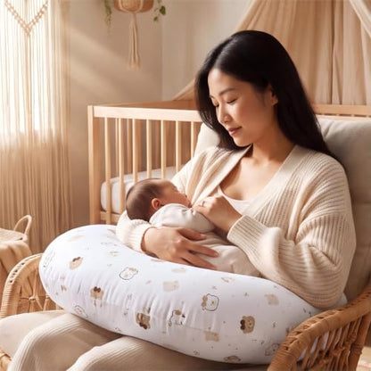 U-Shape Breastfeeding Nursing Pillow Set, 1 Insert and 2 Removable Covers - color: White & Brown Teddy Party