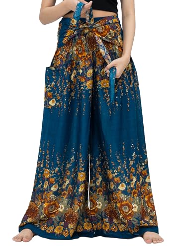 B BANGKOK PANTS Women's Boho Palazzo Pants - color: Green Flowers, size: One Size