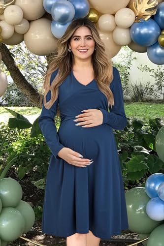 OUGES Women's Nursing Breastfeeding Pocket Fall Baby Shower Maternity Dress - color: Navy, size: X-Large