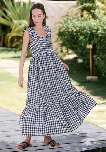 chouyatou Women's Retro Plaid Smocked Dress Spaghetti Strap Flounce Long Dress - color: Black, size: Medium