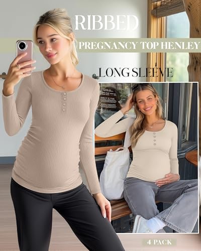 4 Pack Maternity Long Sleeve Shirts Pregnancy Tops - color: Black, Army Green, Apricot, Mocha, size: Medium