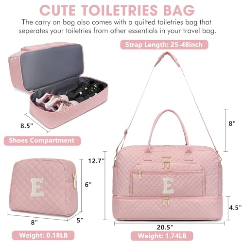 Initial Travel Duffle Bag for Women - Pink Personalized Weekender Bags Overnight Bag with Shoe Compartment & Wet Pocket Weekend Tote Bags with Toiletry Bag Monogram Gifts (Letter E) - color: Pink Letter E
