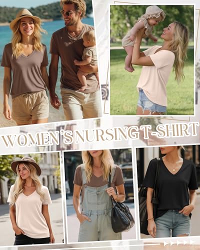 3 Pack Women's Nursing Tops Breastfeeding Shirts - color: Black, Coffe, Cream, size: Large