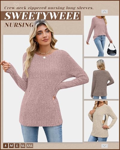 3 Pack Maternity Nursing Ribbed Long Sleeve Tops - color: Apricot, Coffee, Pink, size: X-Large