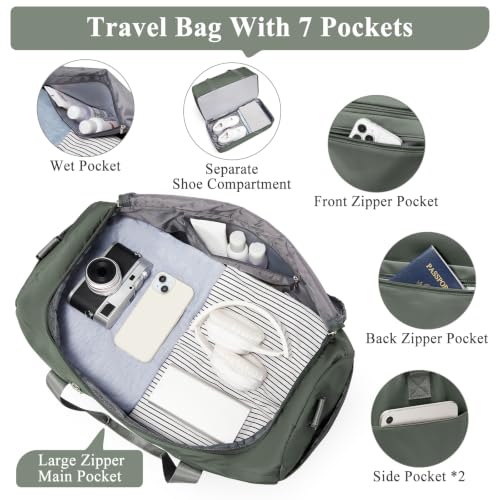 Travel Duffel Bag,Carry-On Overnight Weekender Bags with Shoes Compartment - color: Dark Green, size: Small