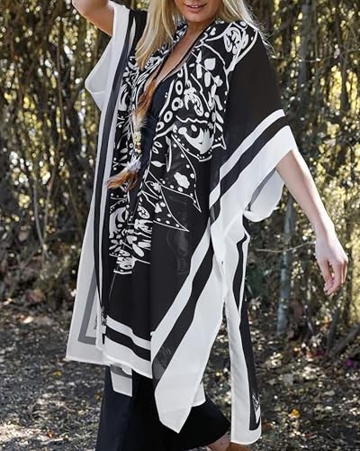 Women's Kimono Swimsuit Coverups Summer Beach Loose Cardigans for Swimwear - color: Black Boho, size: Medium
