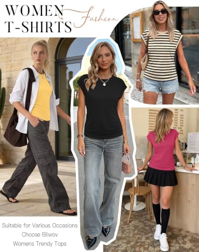 Bliwov Womens Summer Tops Cap Sleeve Crew Neck Casual T Shirts - color: Black, size: Large