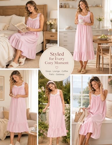 Viakeo 100% Cotton Nightgown for Women - color: Pink, size: Medium