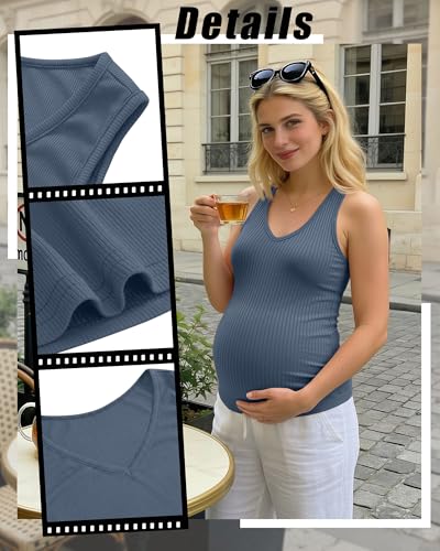 3 Pack Maternity Tank Tops Ribbed V Neck - color: Haze Blue, Khaki, Black, size: Medium