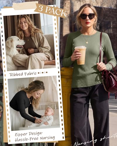 3 Pack Womens Long Sleeve Nursing Shirts, Ribbed Knit - color: Gray Green, Coffee, Black, size: Medium
