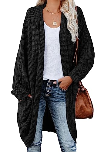 Womens Open Front Knit Cardigan Long Batwing Sleeve Oversized Sweater Chunky Waffle Cable Boho Pockets Coat - color: Black, size: Large