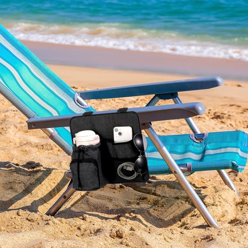 4 Pockets Beach Chair Cup Holder Organizer Phone Caddy, Dark Gray - color: Dark Gray