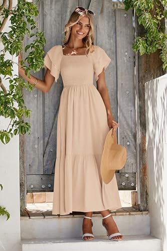 MASCOMODA Womens Summer Casual Smocked Flowy Midi Dress - color: Apricot, size: Medium