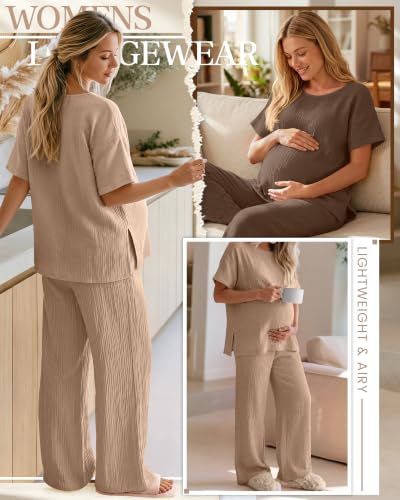 Ficerd 4 Pcs 100% Cotton Muslin Maternity Pajamas Lounge Sets - color: Khaki, Brown, size: X-Large