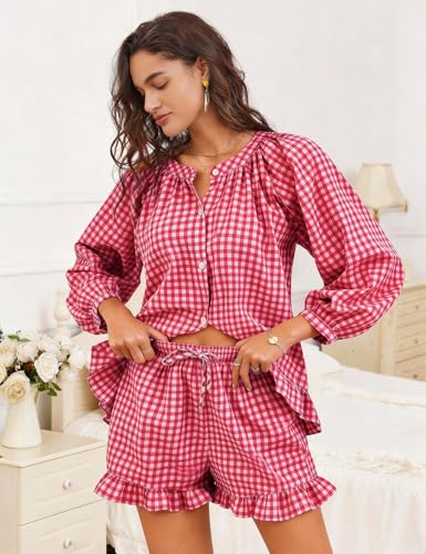 Flygo Womens Gingham 2 Piece Pajama Sets Y2K Cotton Ruffle Short Sets - color: Wine, size: Medium