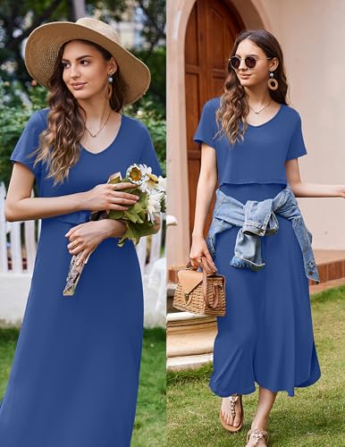 Ekouaer Womens Nursing Dress Breastfeeding Summer V Neck Maternity Dresses - color: Dark Blue, size: Medium