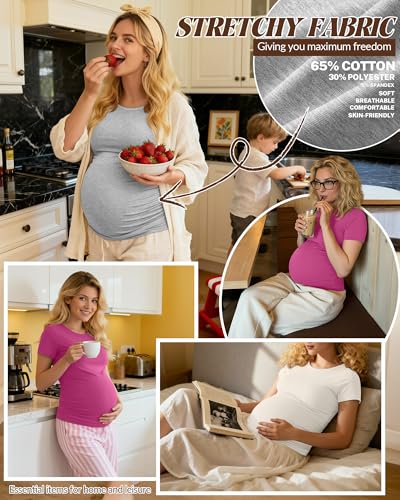 Huukeay 4 Pack Women's Short Sleeve Maternity Tops - color: Rose Pink, Cream, Light Heather Gray, Black, size: Small