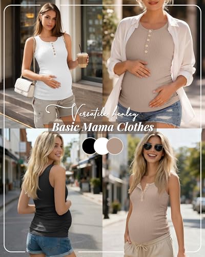 3 Pack Maternity Tank Tops Ribbed Tops - color: Khaki, White, Black, size: X-Large