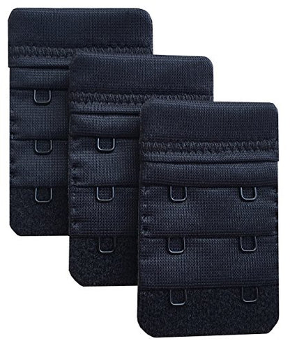 Women Pack of 3 Soft Comfortable 2 Hooks Bra Extender,2.4"x 1.5" - color: Black, 3/4 Inch Spacing