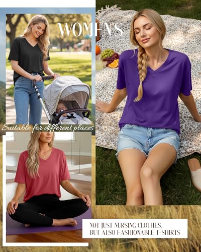 4 Pack Women's Oversize Nursing Tops - color: Light Red, Dark Purple, Light Gray, Black, size: X-Large