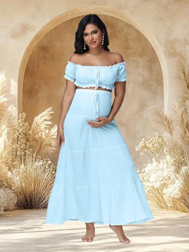 Maternity Boho 2 Piece Outfits Dress for Photoshoot Baby Shower - color: Sky Blue, size: Medium