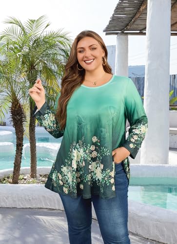 Plus Size Tops Womens Swing Tunic 3/4 Sleeve Flowy Long Blouses - color: Green Floral Tunics, size: Small