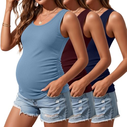 Riyiper 3 Pack Women's Maternity Tank Tops - color: Navy Blue, Burgundy, Light Blue, size: X-Large