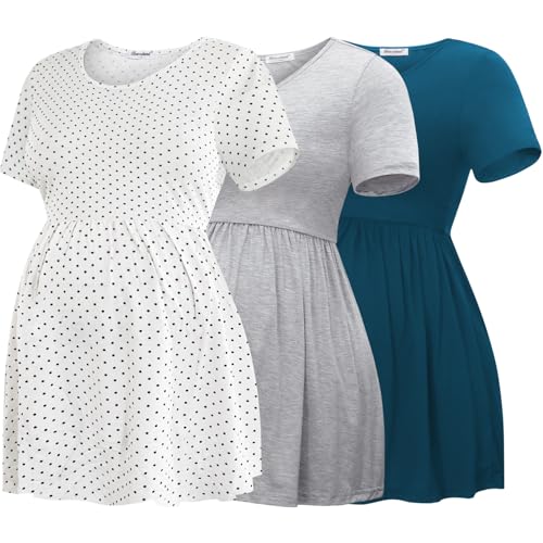 Bearsland Short Sleeve Maternity Top - color: Lake Blue & Light Grey & White Dots, size: Small