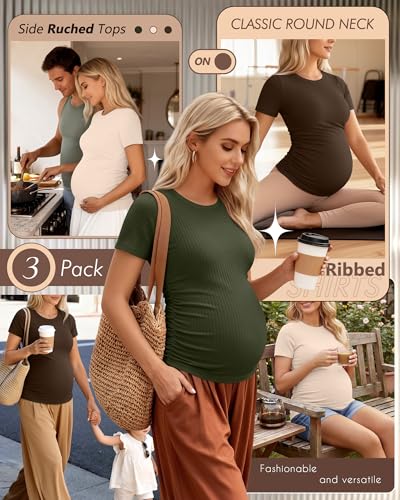 Ficerd 3 Pack Women's Short Sleeve Maternity Shirts - color: Coffee, Apricot, Army Green, size: Medium