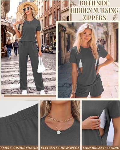 3 Piece Postpartum Nursing Pajamas Set Nursing Lounge Set - color: Dark Gray, size: Large
