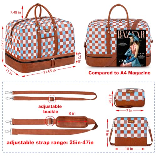 IBFUN Weekender Bags for Women, 3PCS Travel Set with Shoe Compartment 21.6 - color: A19-brown+checkered