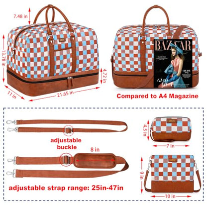 IBFUN Weekender Bags for Women, 3PCS Travel Set with Shoe Compartment 21.6 - color: A19-brown+checkered